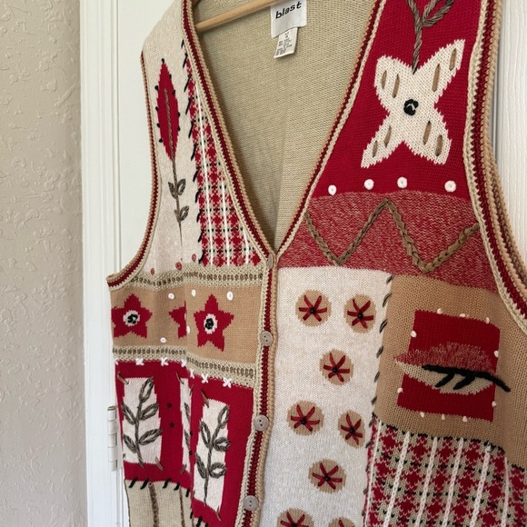 Blast Vintage 90s Sweater Vest Knitted Patchwork Knit Embroidered Plus size 1XL - Picture 3 of 8